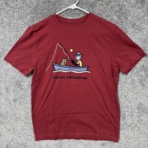 Life Is Good Shirt Mens Small Red Social Distancing Fishing Funny Graphic Tee